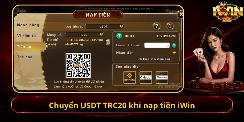 Chuyển USDT TRC20 khi nạp tiền iWin