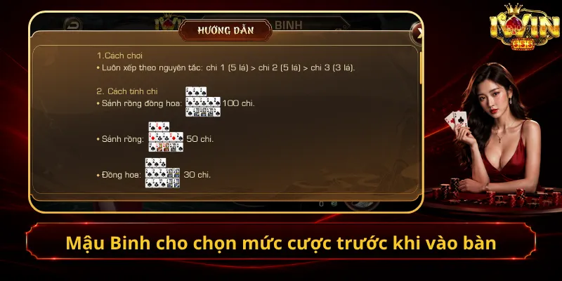 Mậu Binh cho chọn mức cược trước khi vào bàn
