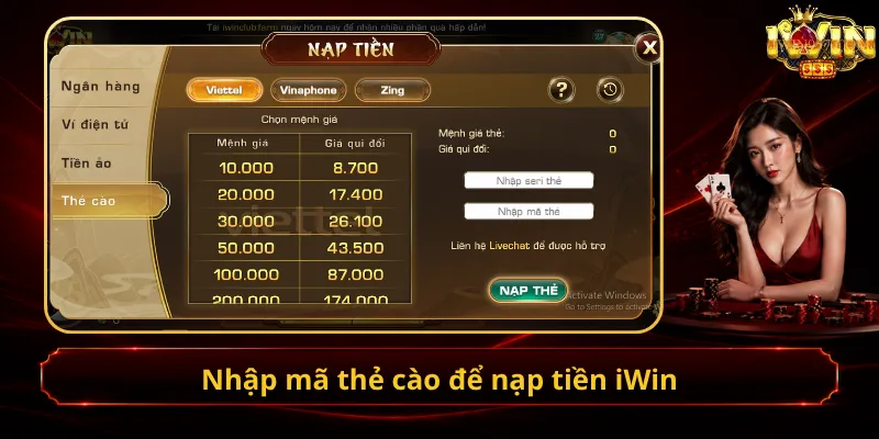 Nhập mã thẻ cào để nạp tiền iWin